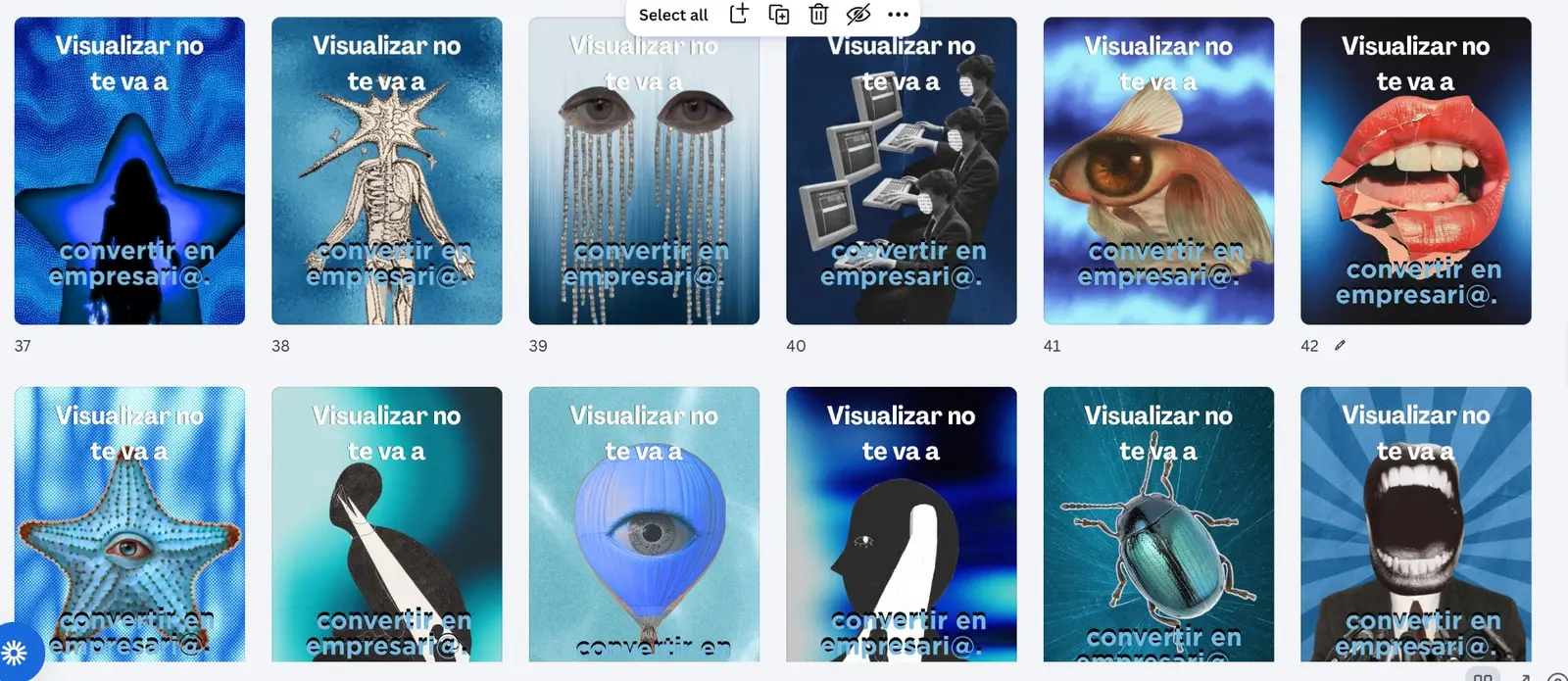 Serie de contenido gráfico azul para marca personal — proyecto de Sabrina
